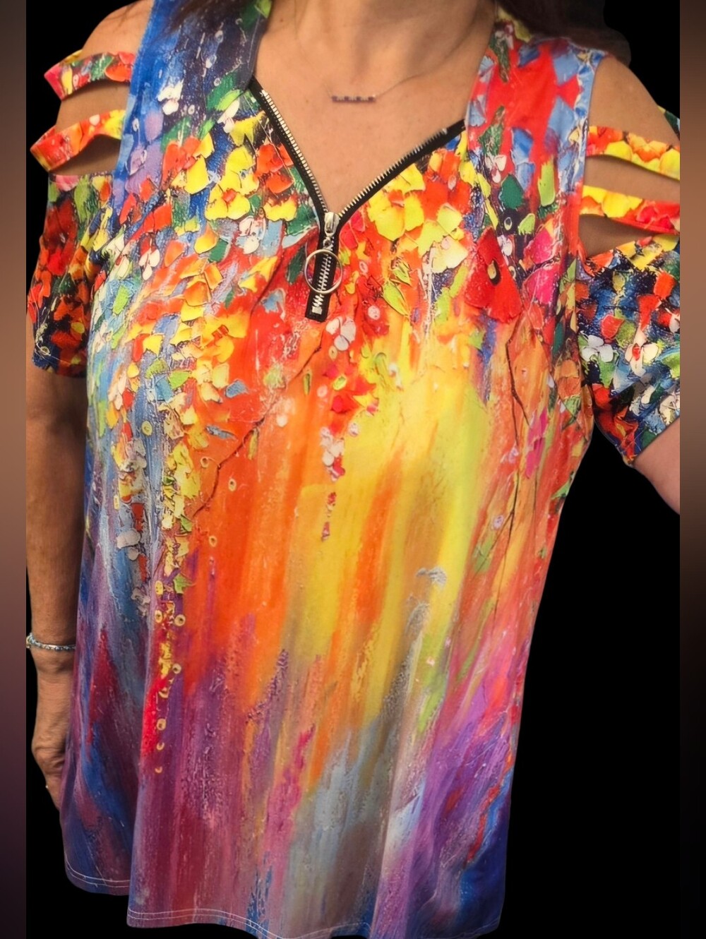 Colorful, abstract paint & floral cold-shoulder blouse with a front Zip-up. XXL
